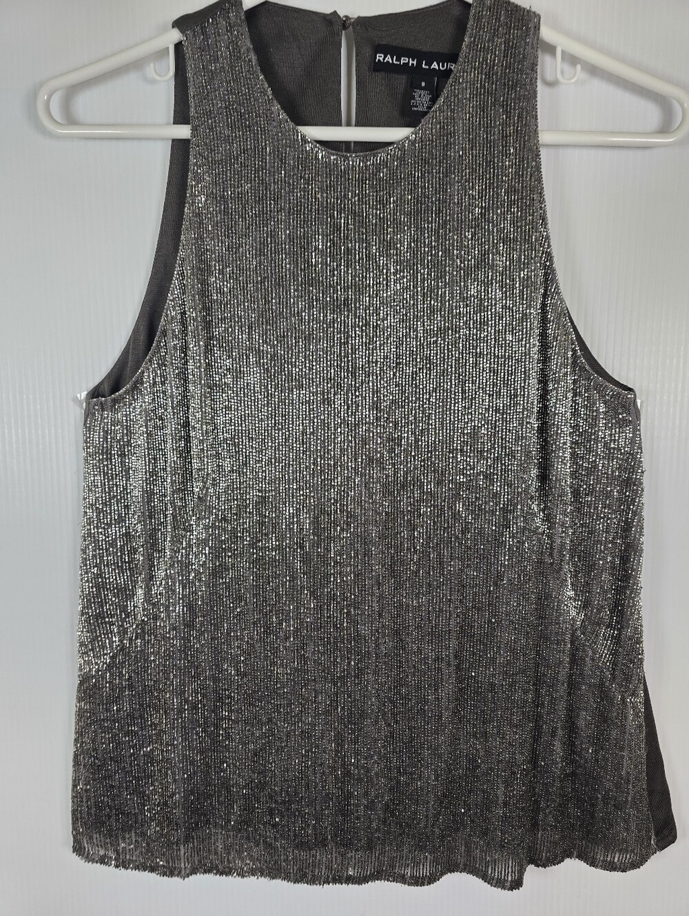 Ralph Lauren Black Label Silver Metallic Beaded Sleeveless Party Top Size 8